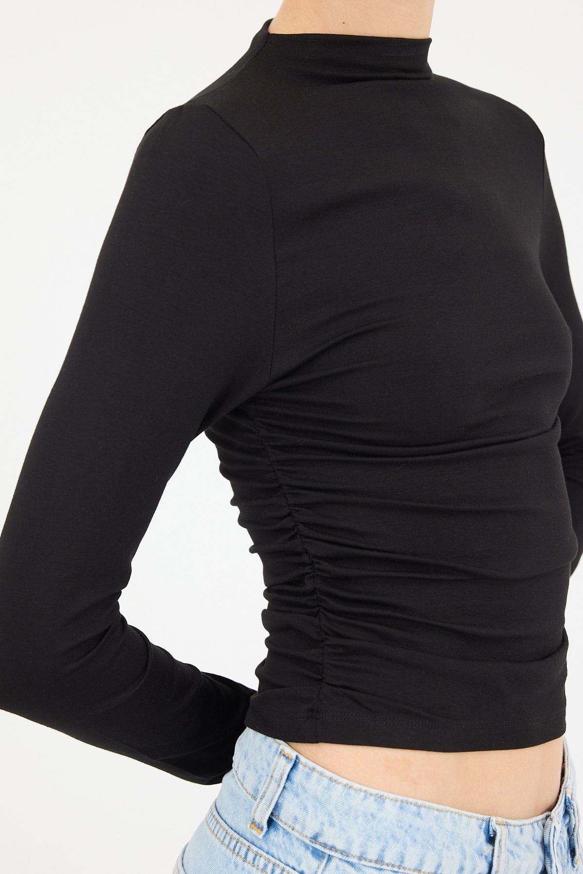Black_High-Neck-Ruched-Side-Blouse-addax