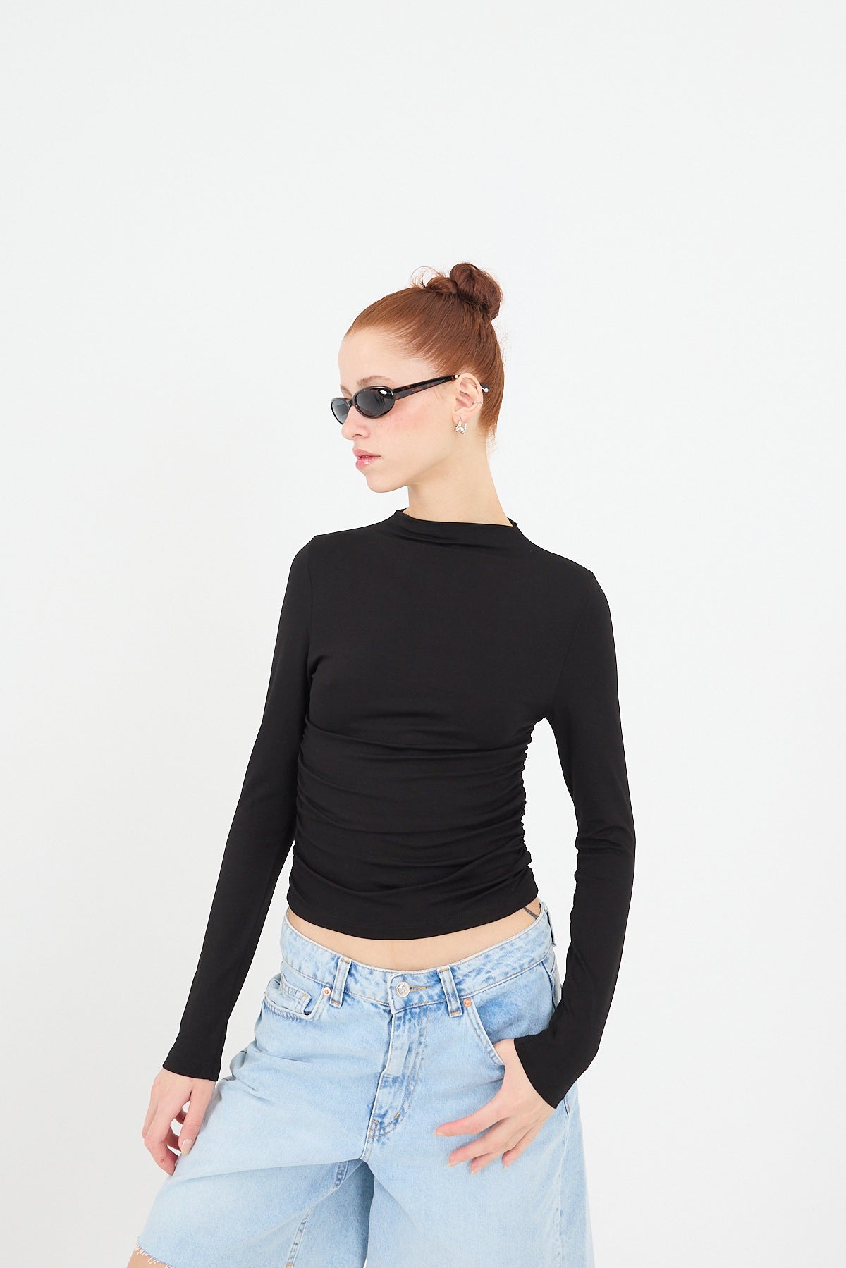 Black_High-Neck-Ruched-Side-Blouse-addax