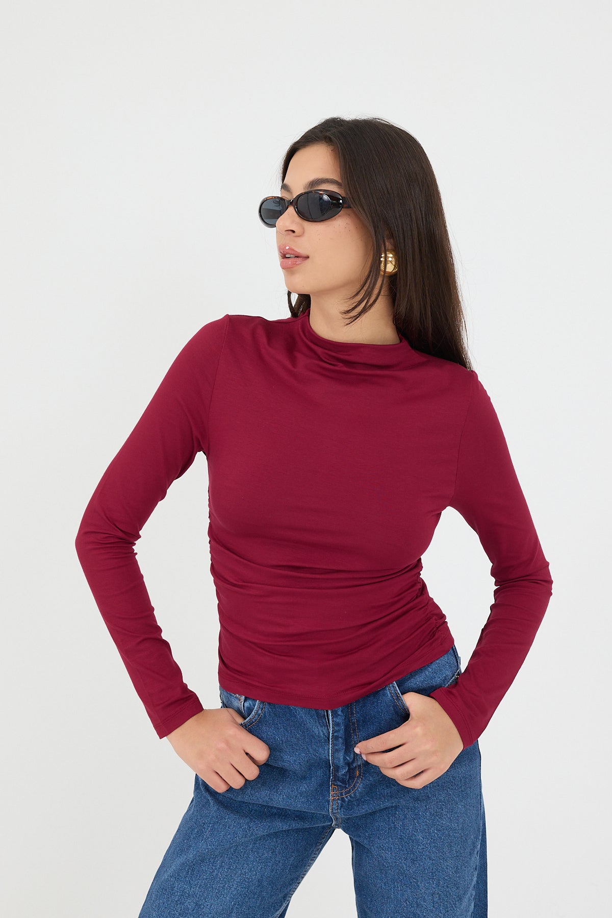 Burgundy_High-Neck-Ruched-Side-Blouse-addax