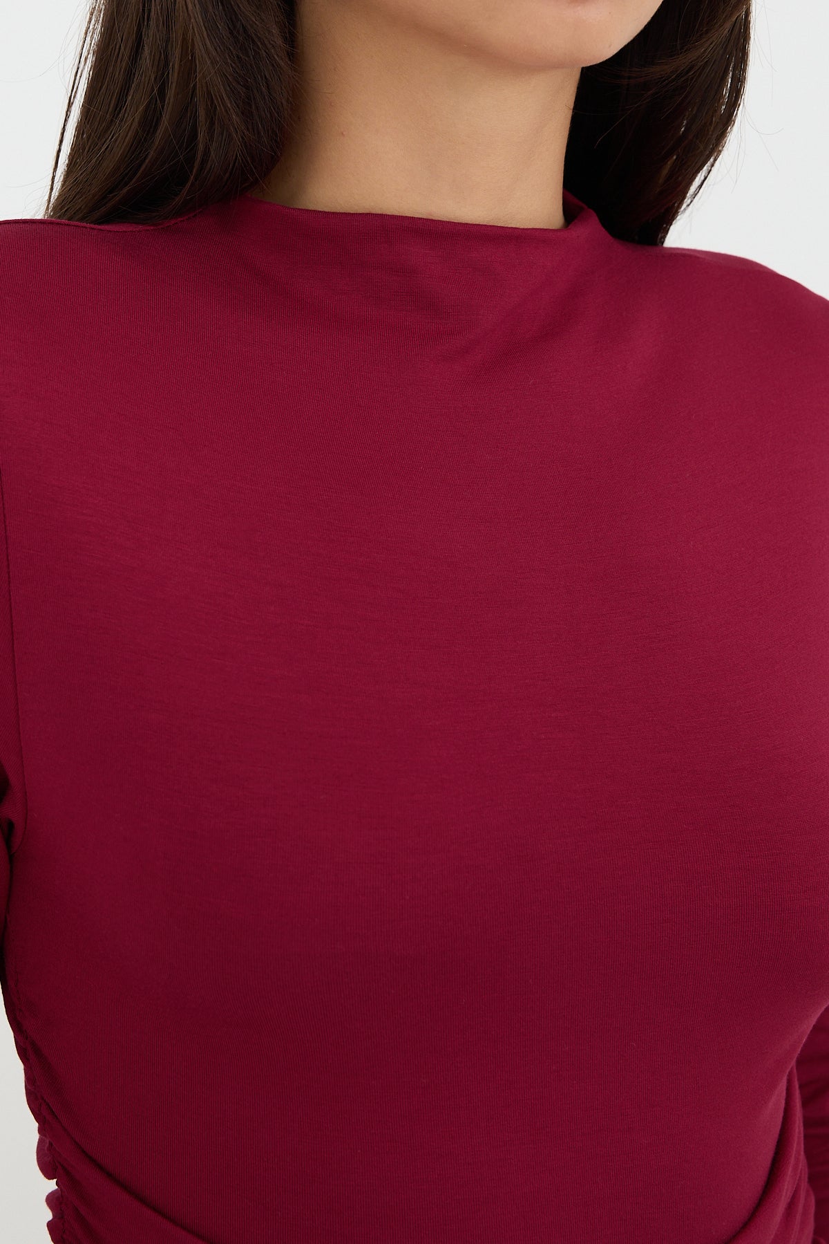 Burgundy_High-Neck-Ruched-Side-Blouse-addax