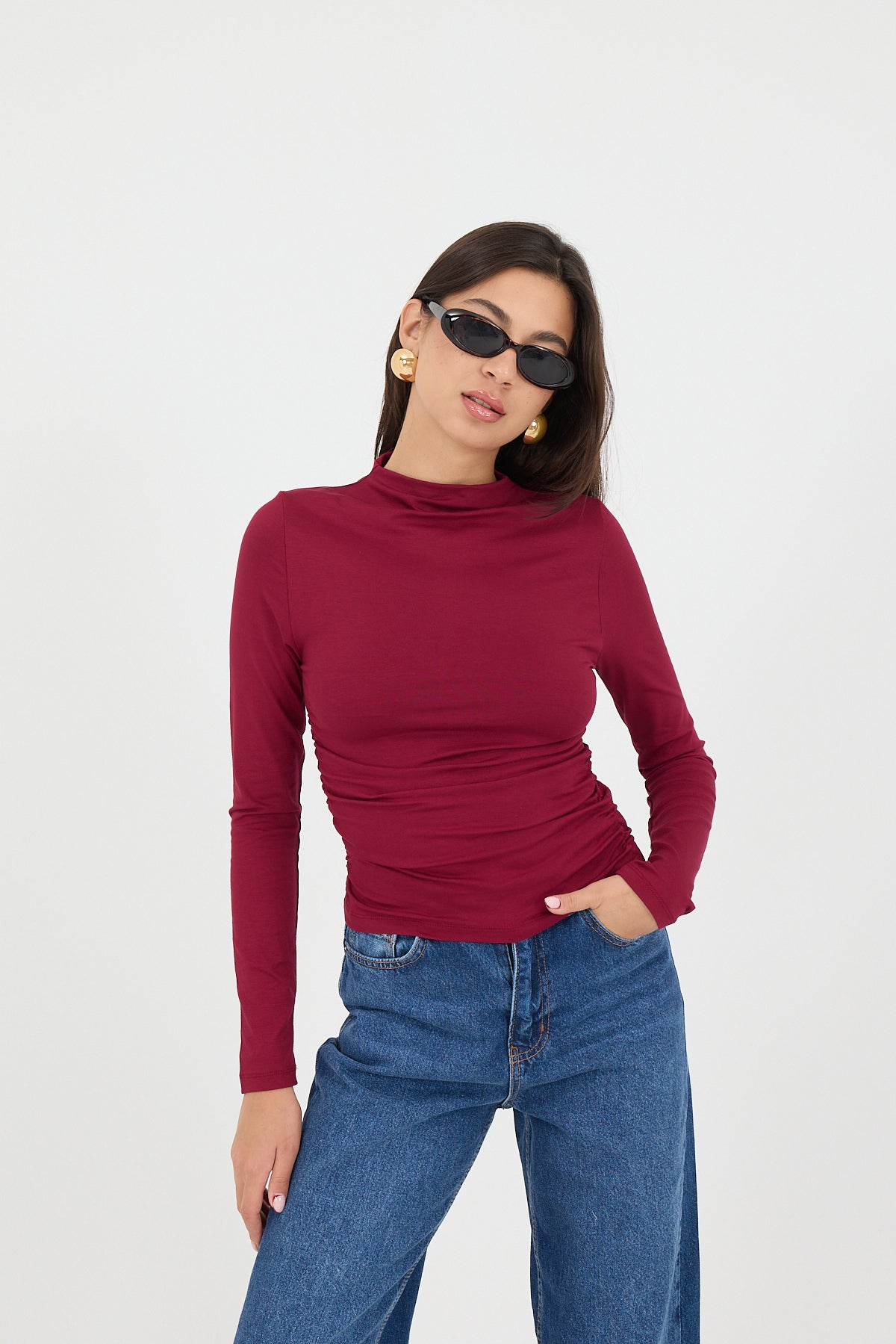 Burgundy_High-Neck-Ruched-Side-Blouse-addax