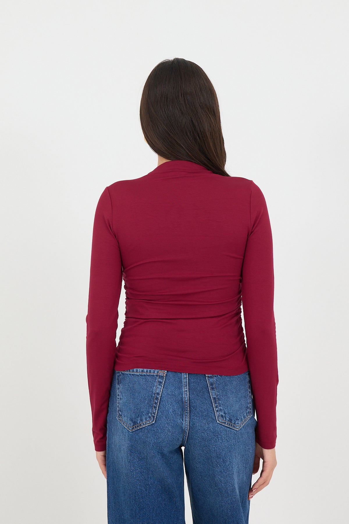 Burgundy_High-Neck-Ruched-Side-Blouse-addax