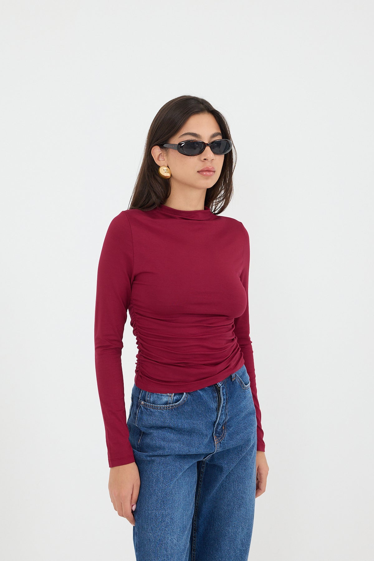 Burgundy_High-Neck-Ruched-Side-Blouse-addax