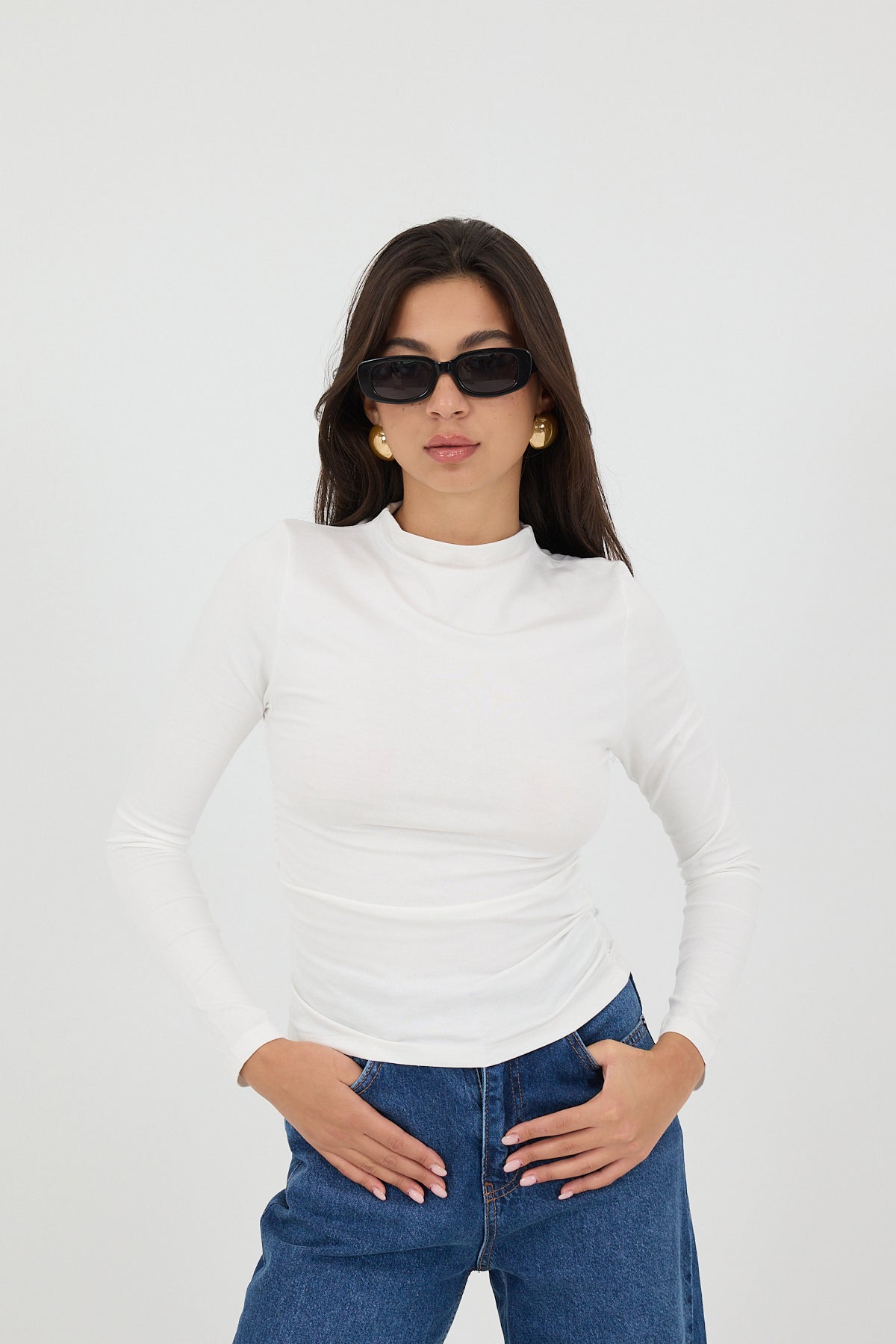 Ecru_High-Neck-Ruched-Side-Blouse-addax