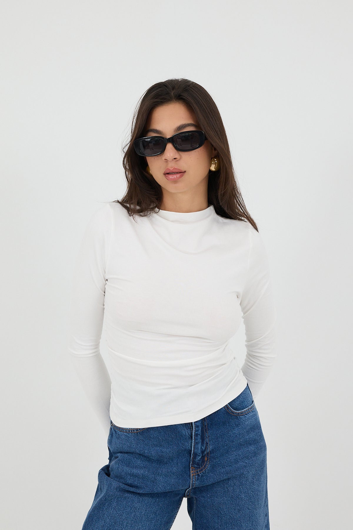 Ecru_High-Neck-Ruched-Side-Blouse-addax