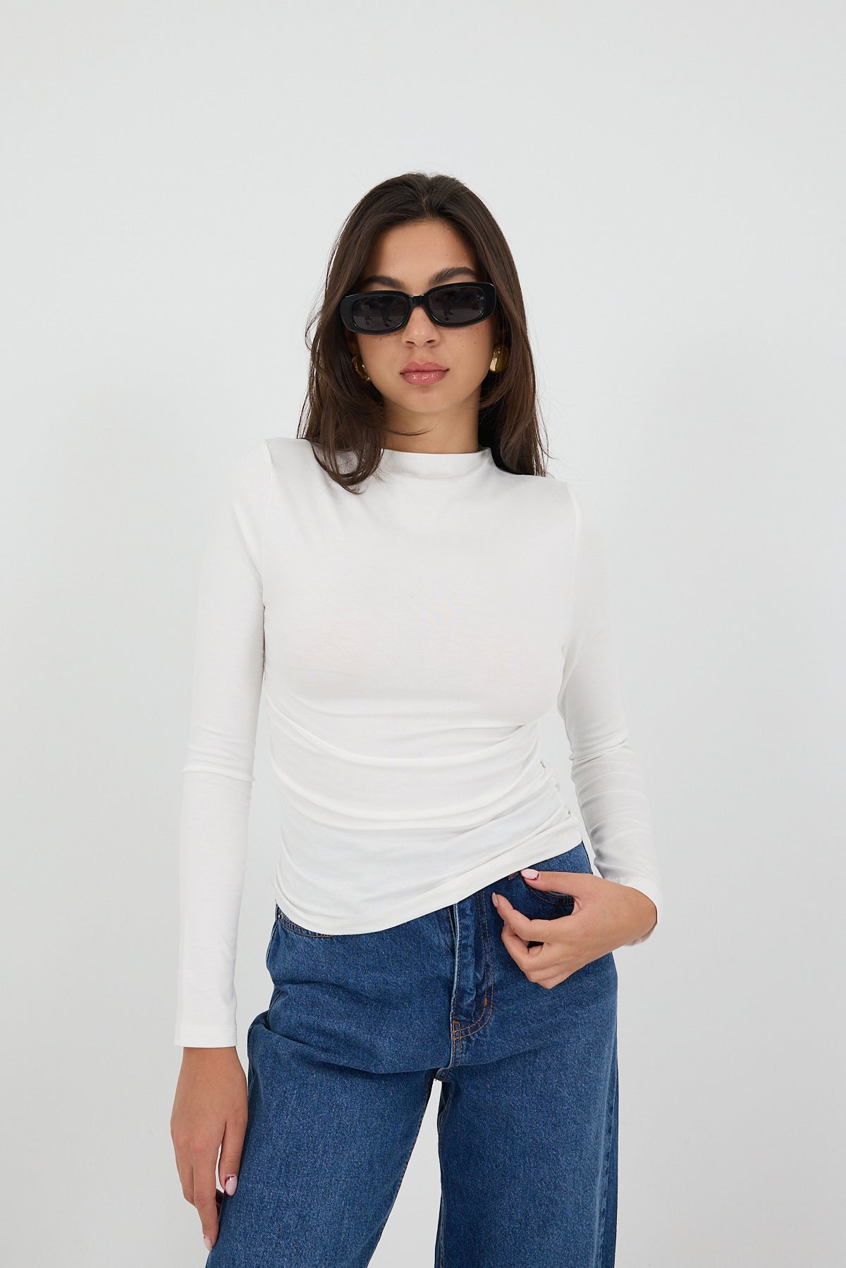 Ecru_High-Neck-Ruched-Side-Blouse-addax