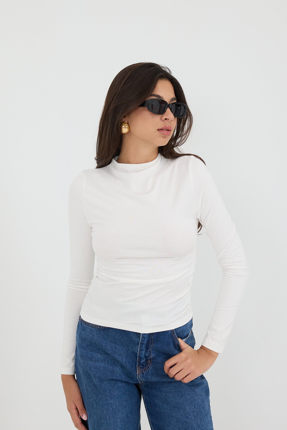 Ecru_High-Neck-Ruched-Side-Blouse-addax