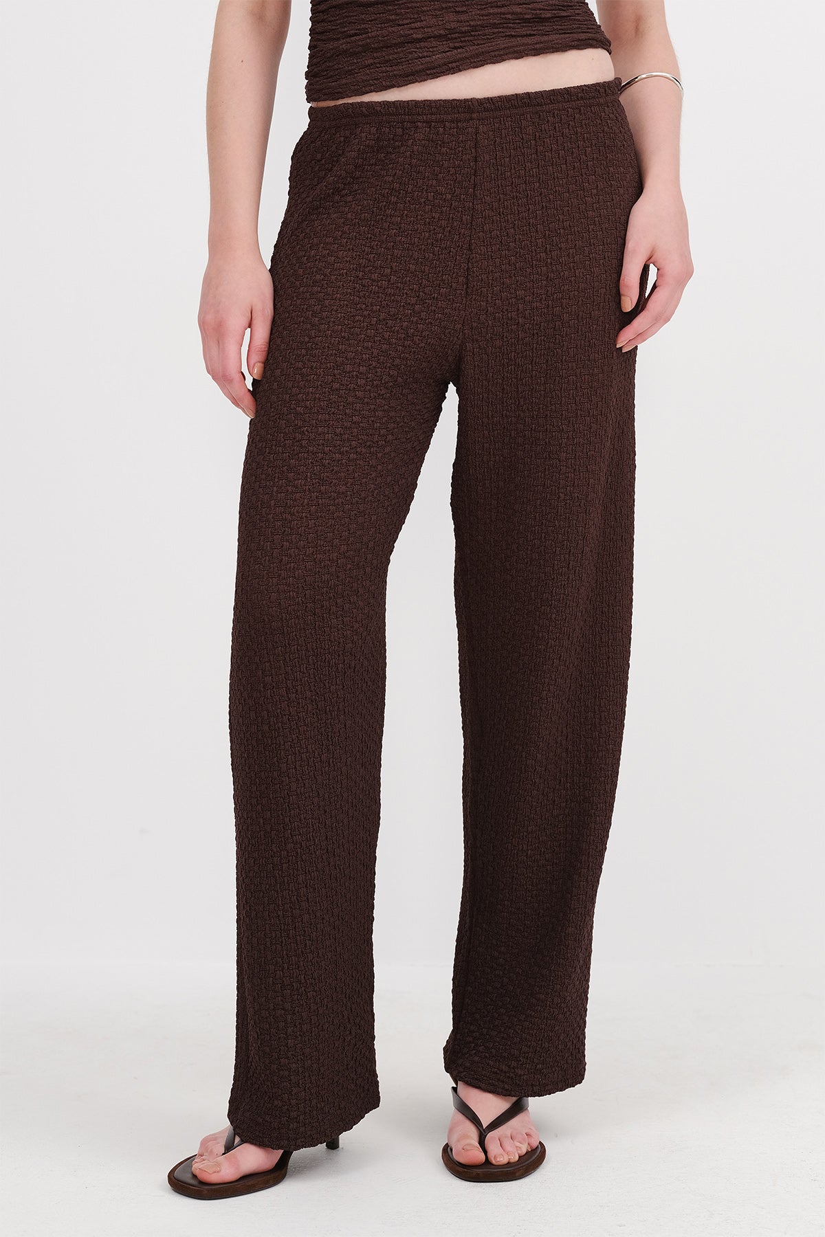 Brown_Textured-Elastic-Waist-Wide-Leg-Pants-addax