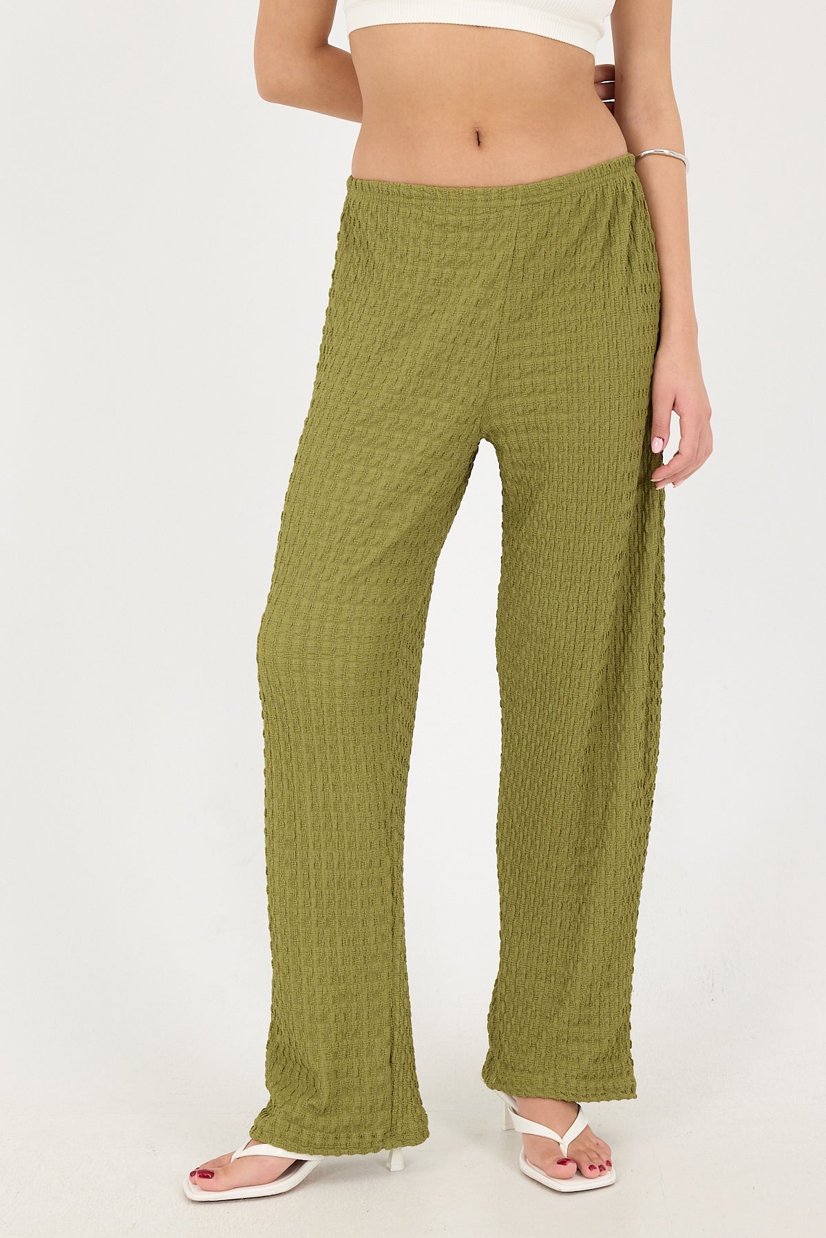 Oil-Green_Textured-Elastic-Waist-Wide-Leg-Pants-addax