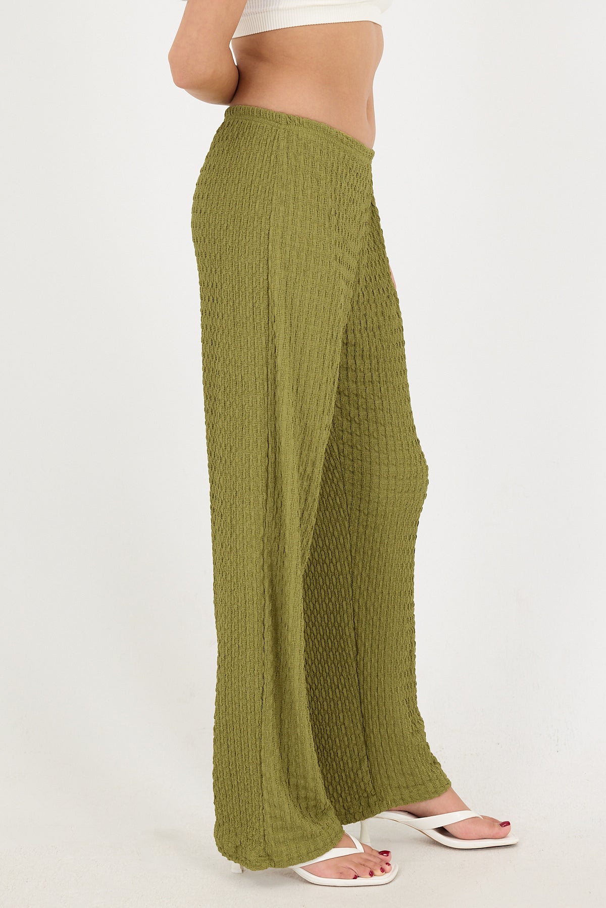 Oil-Green_Textured-Elastic-Waist-Wide-Leg-Pants-addax