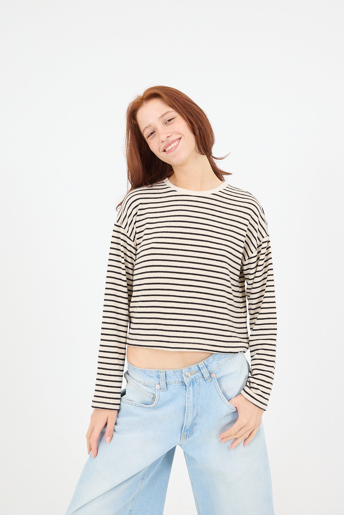 Ecru---Black_Crew-Neck-Long-Sleeve-Striped-Blouse-addax