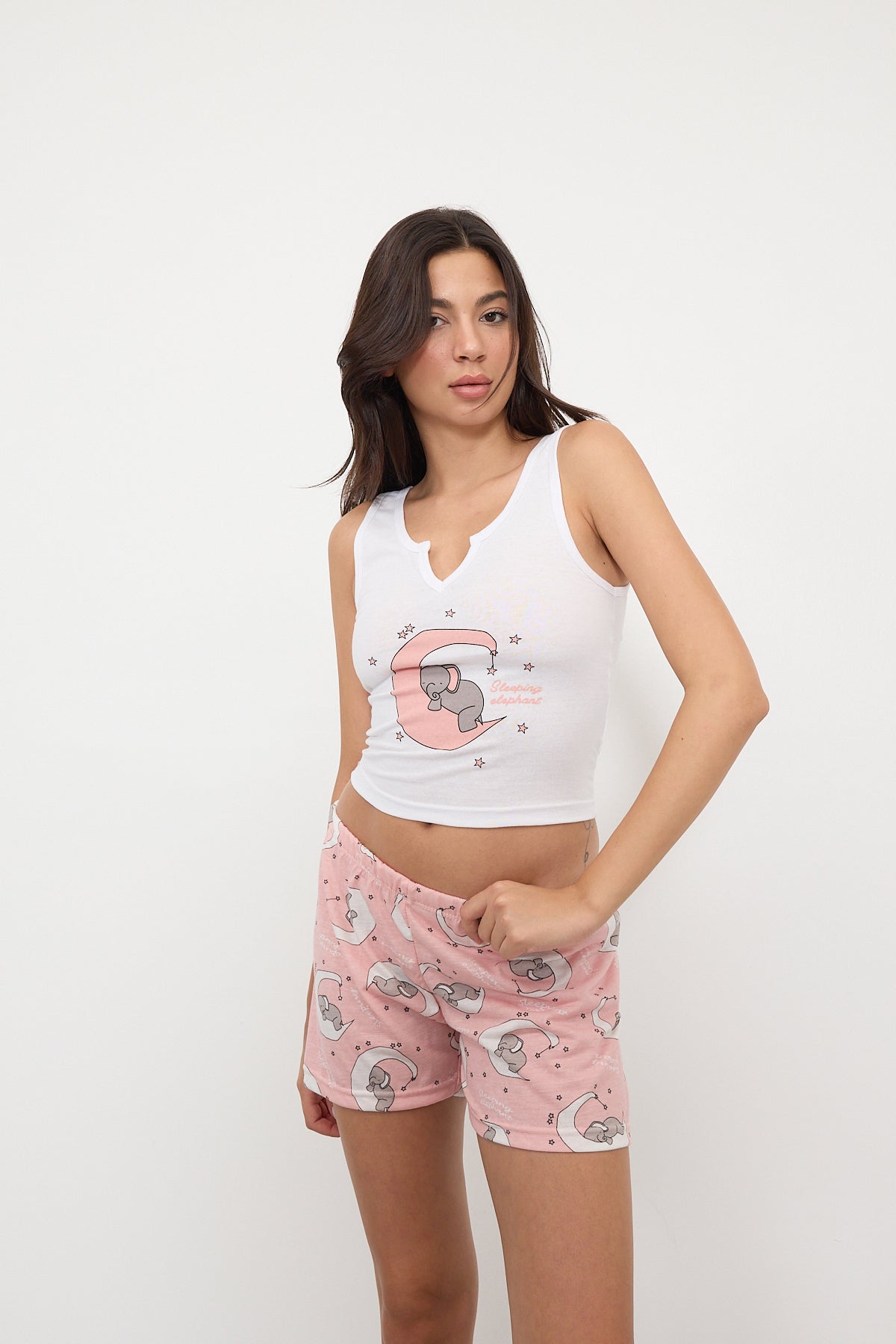 Light-Pink_Sleeping-Elephant-Printed-Shorts-Pajama-Set-addax