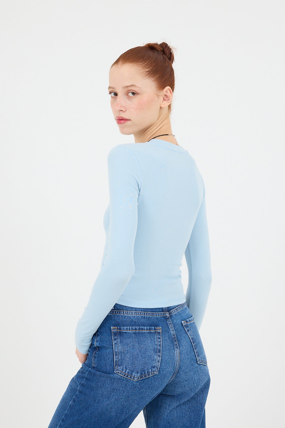 Blue_Crew-Neck-Basic-Blouse-with-Gathered-Sides-addax