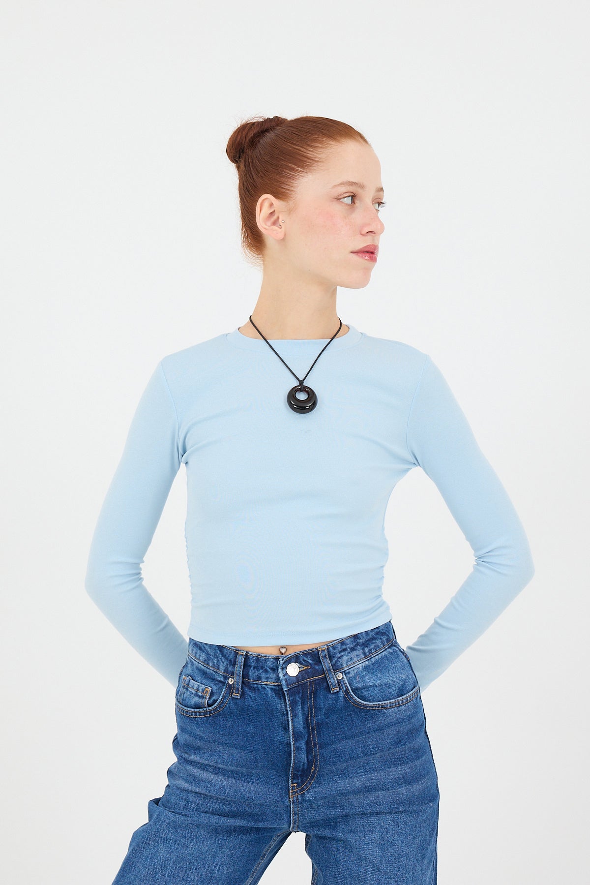 Blue_Crew-Neck-Basic-Blouse-with-Gathered-Sides-addax