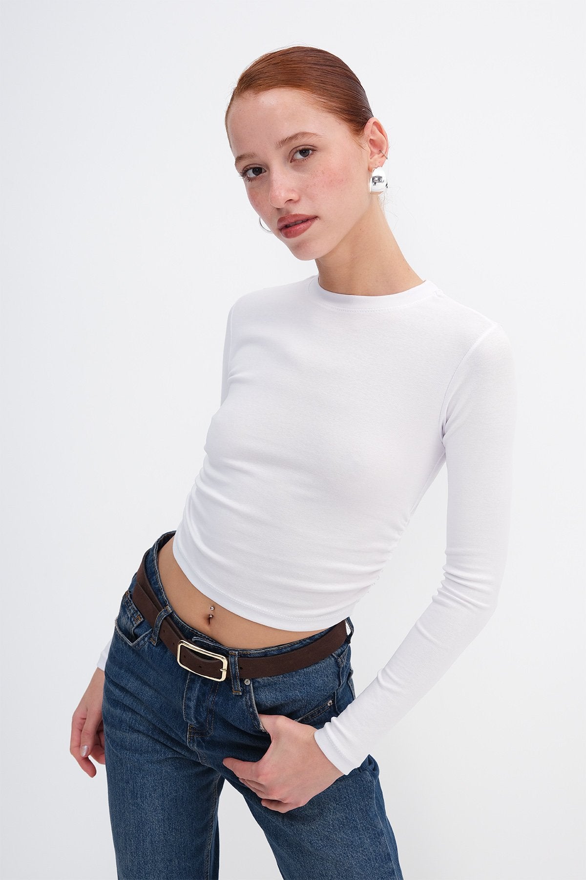 White_Crew-Neck-Basic-Blouse- with-Gathered-Sides-addax