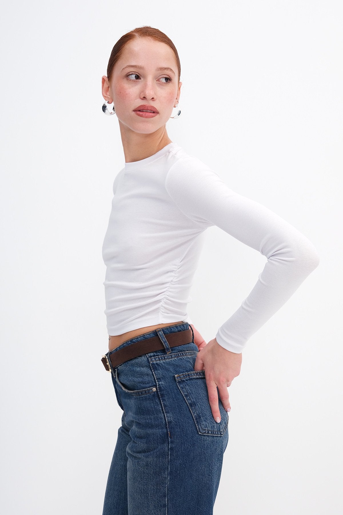 White_Crew-Neck-Basic-Blouse- with-Gathered-Sides-addax