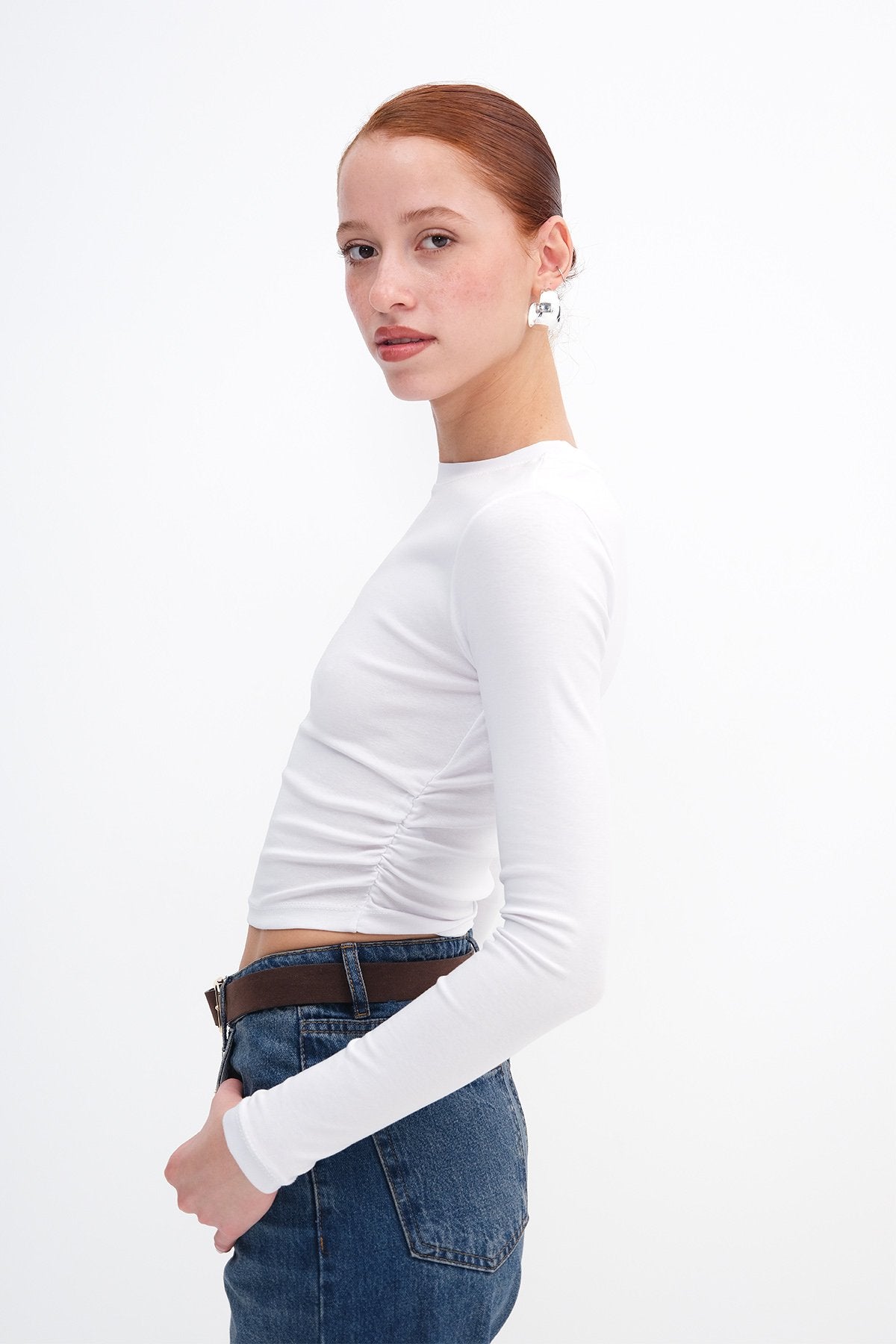 White_Crew-Neck-Basic-Blouse- with-Gathered-Sides-addax
