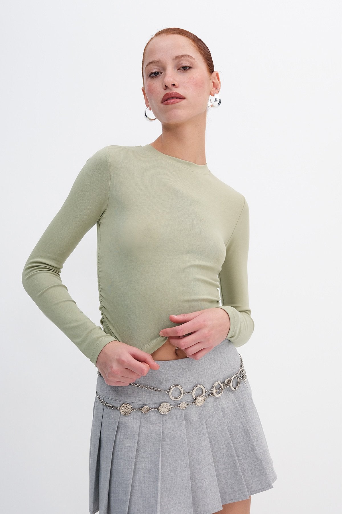 Khaki_Crew-Neck-Basic-Blouse- with-Gathered-Sides-addax