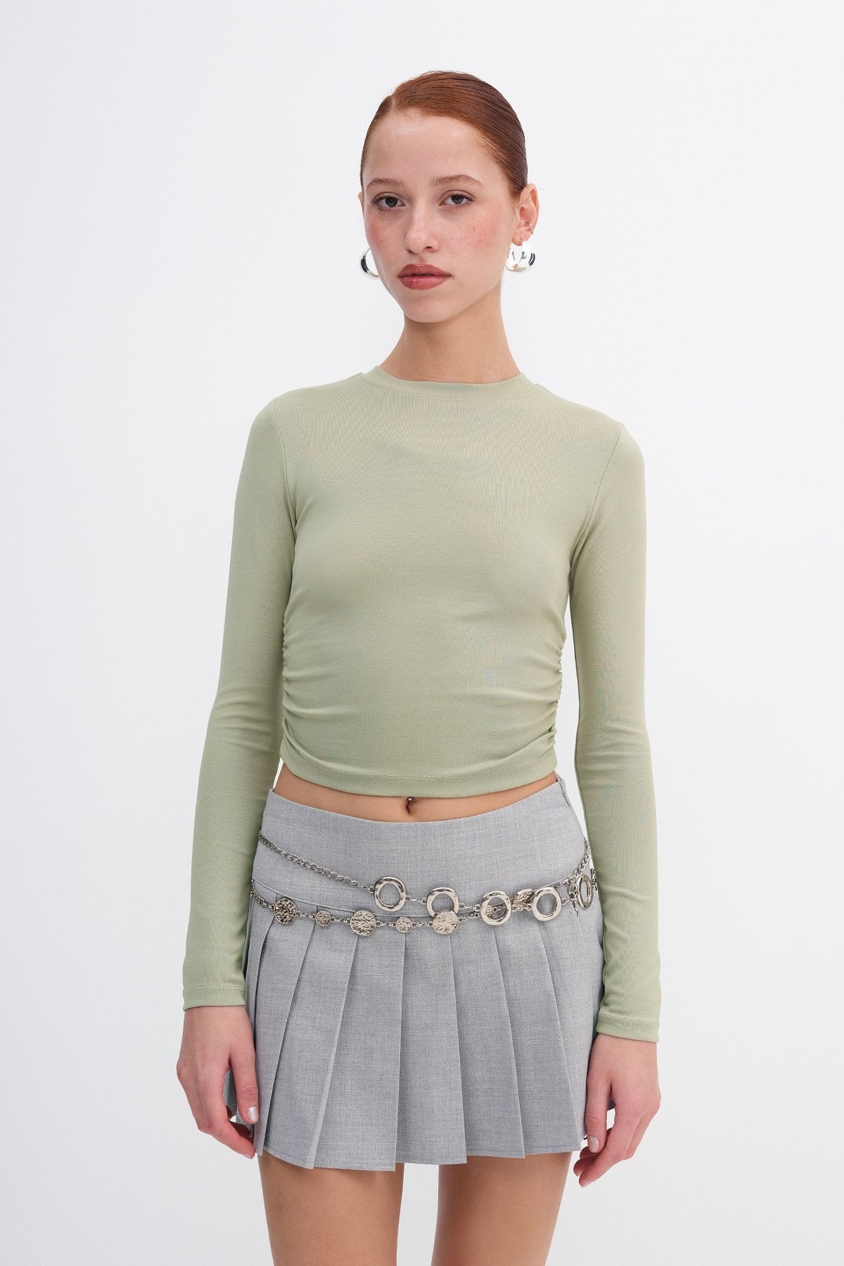 Khaki_Crew-Neck-Basic-Blouse- with-Gathered-Sides-addax
