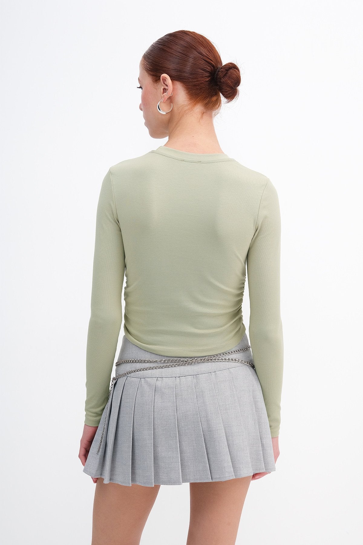 Khaki_Crew-Neck-Basic-Blouse- with-Gathered-Sides-addax