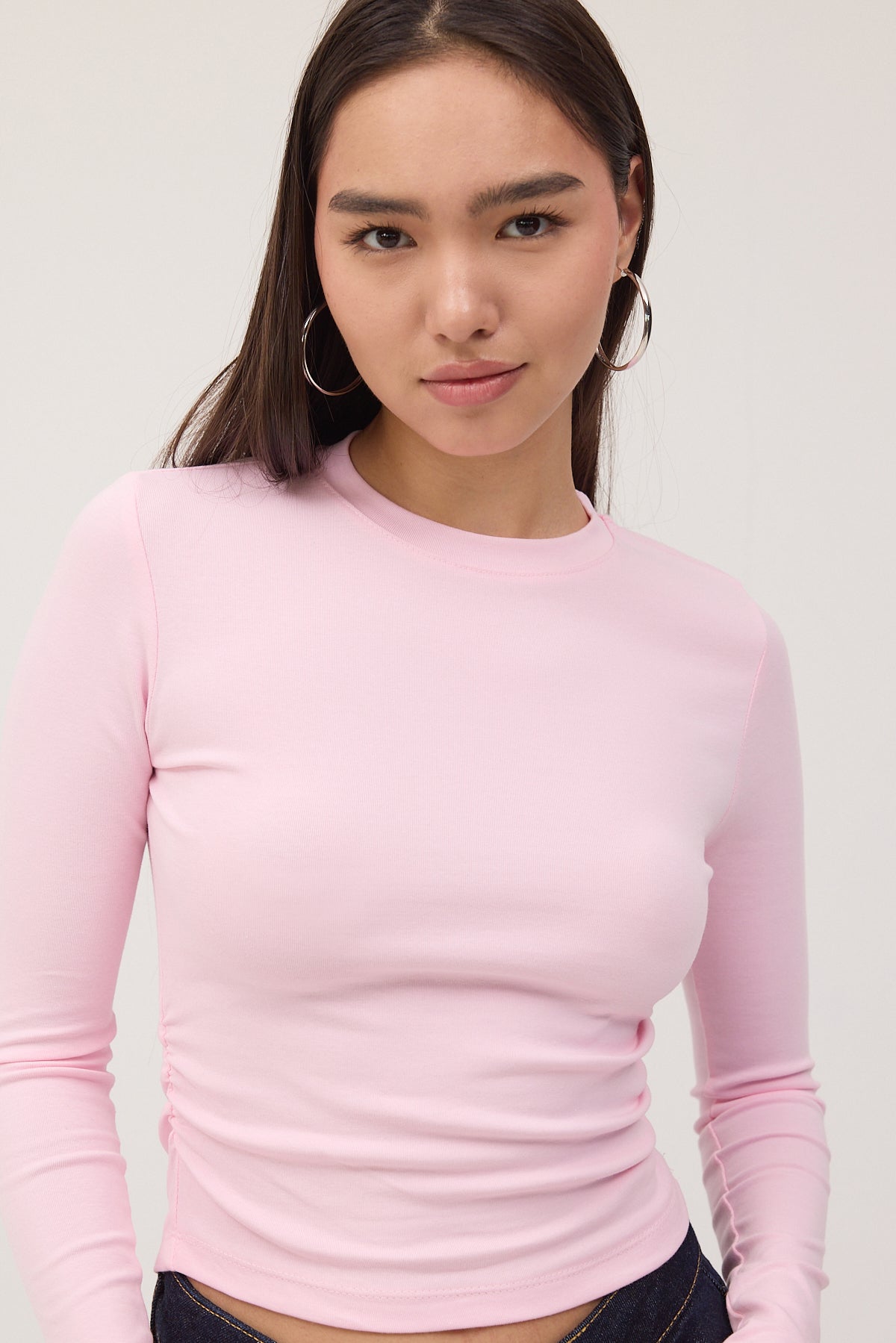 Pink_Crew-Neck-Basic-Blouse-with-Gathered-Sides-addax