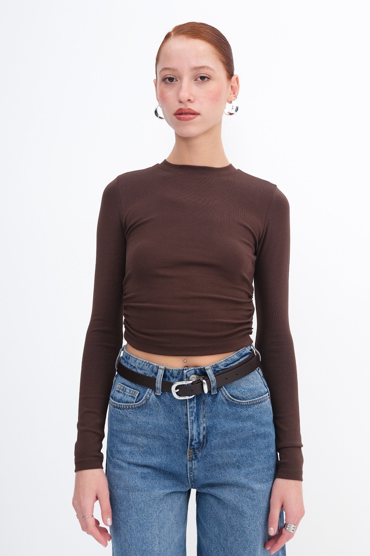 Brown_Crew-Neck-Basic-Blouse-with-Gathered-Sides-addax