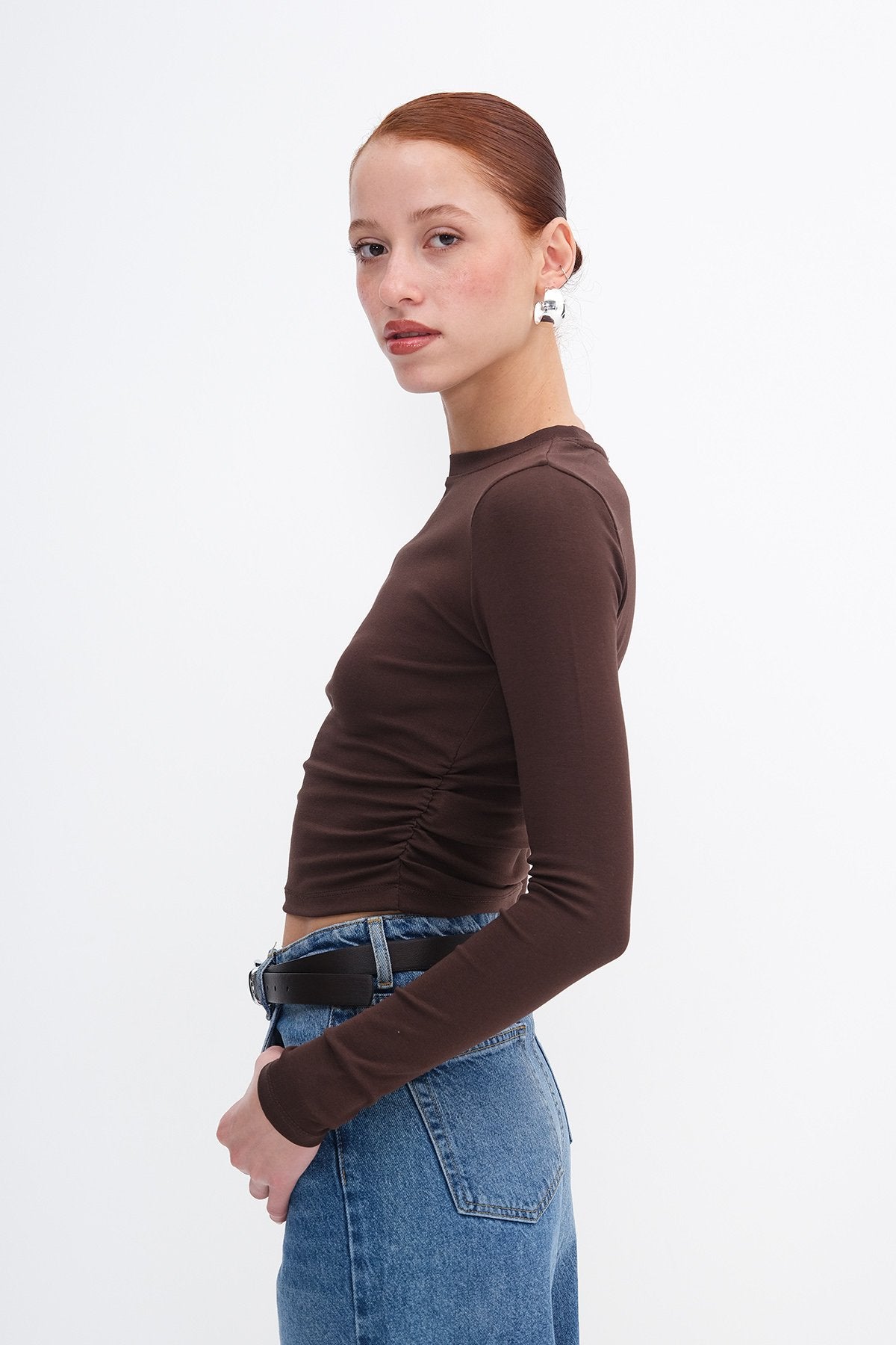 Brown_Crew-Neck-Basic-Blouse-with-Gathered-Sides-addax