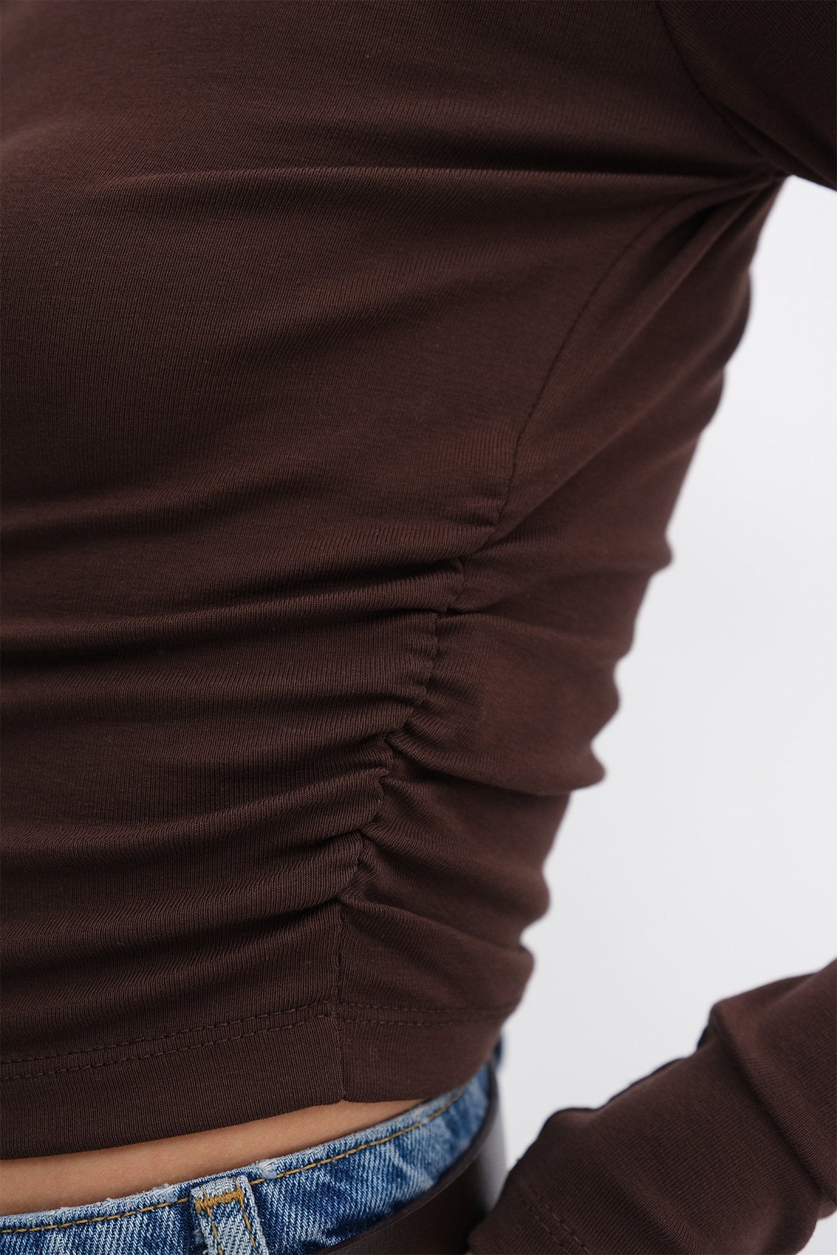 Brown_Crew-Neck-Basic-Blouse-with-Gathered-Sides-addax