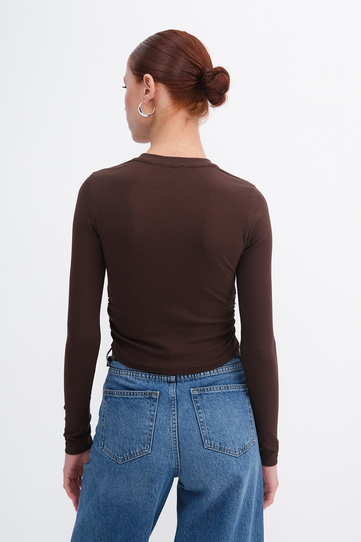 Brown_Crew-Neck-Basic-Blouse-with-Gathered-Sides-addax