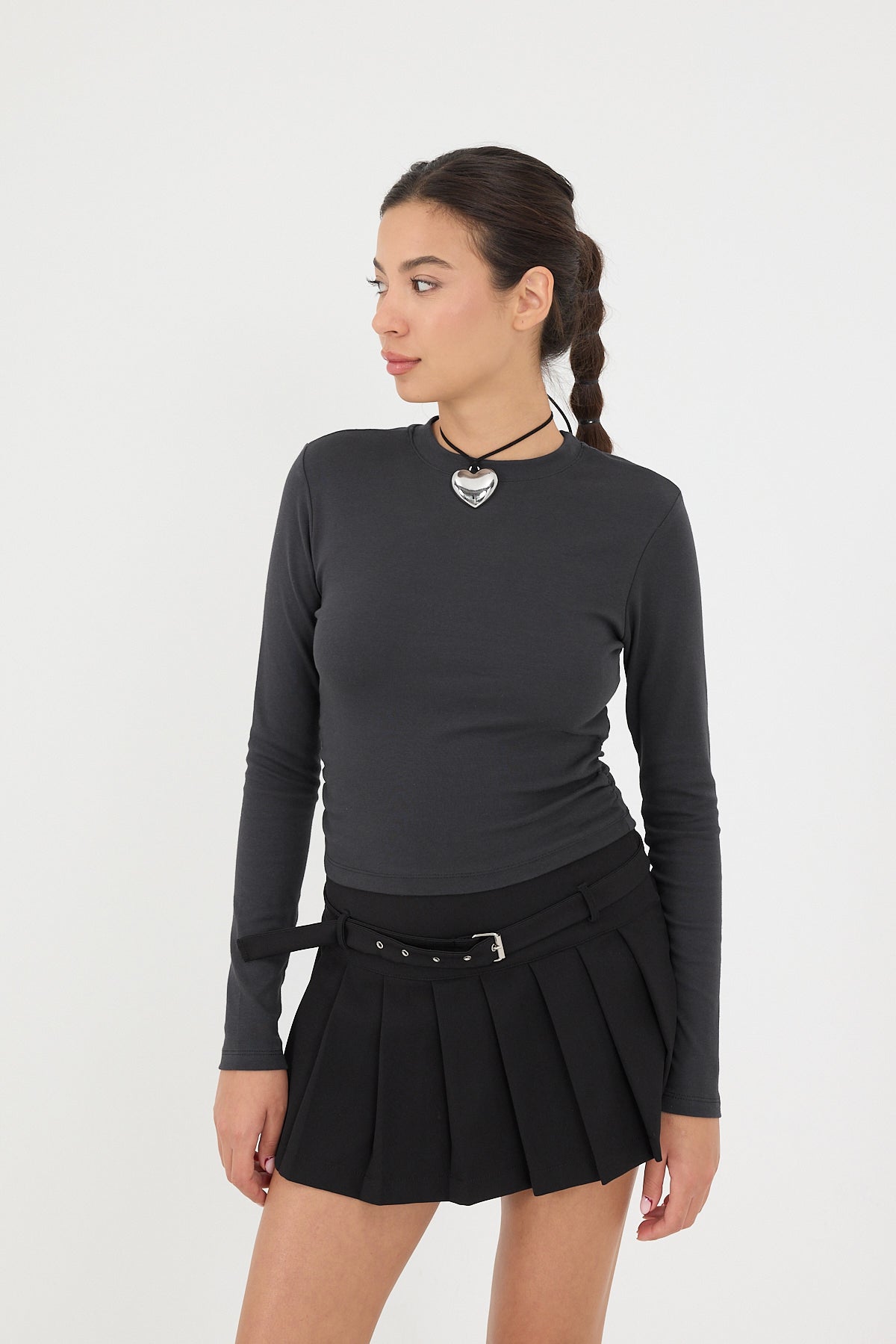 Charcoal_Crew-Neck-Basic-Blouse-with-Gathered-Sides-addax