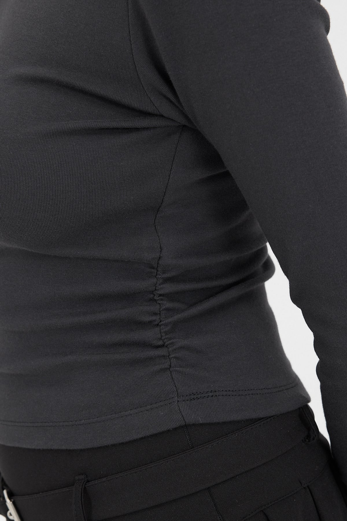 Charcoal_Crew-Neck-Basic-Blouse-with-Gathered-Sides-addax