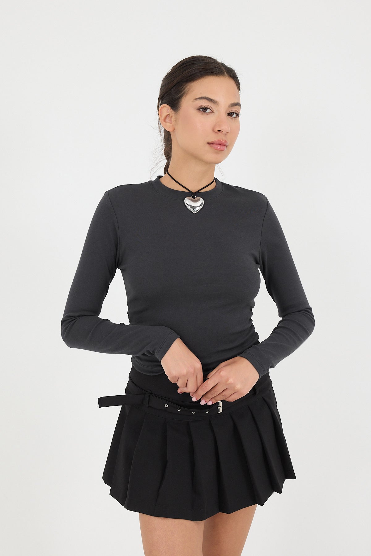 Charcoal_Crew-Neck-Basic-Blouse-with-Gathered-Sides-addax