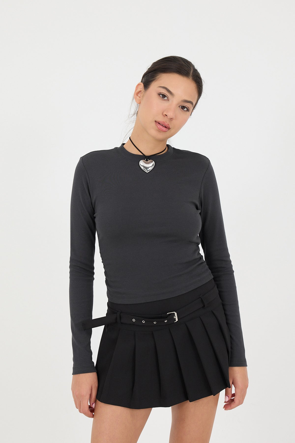Charcoal_Crew-Neck-Basic-Blouse-with-Gathered-Sides-addax