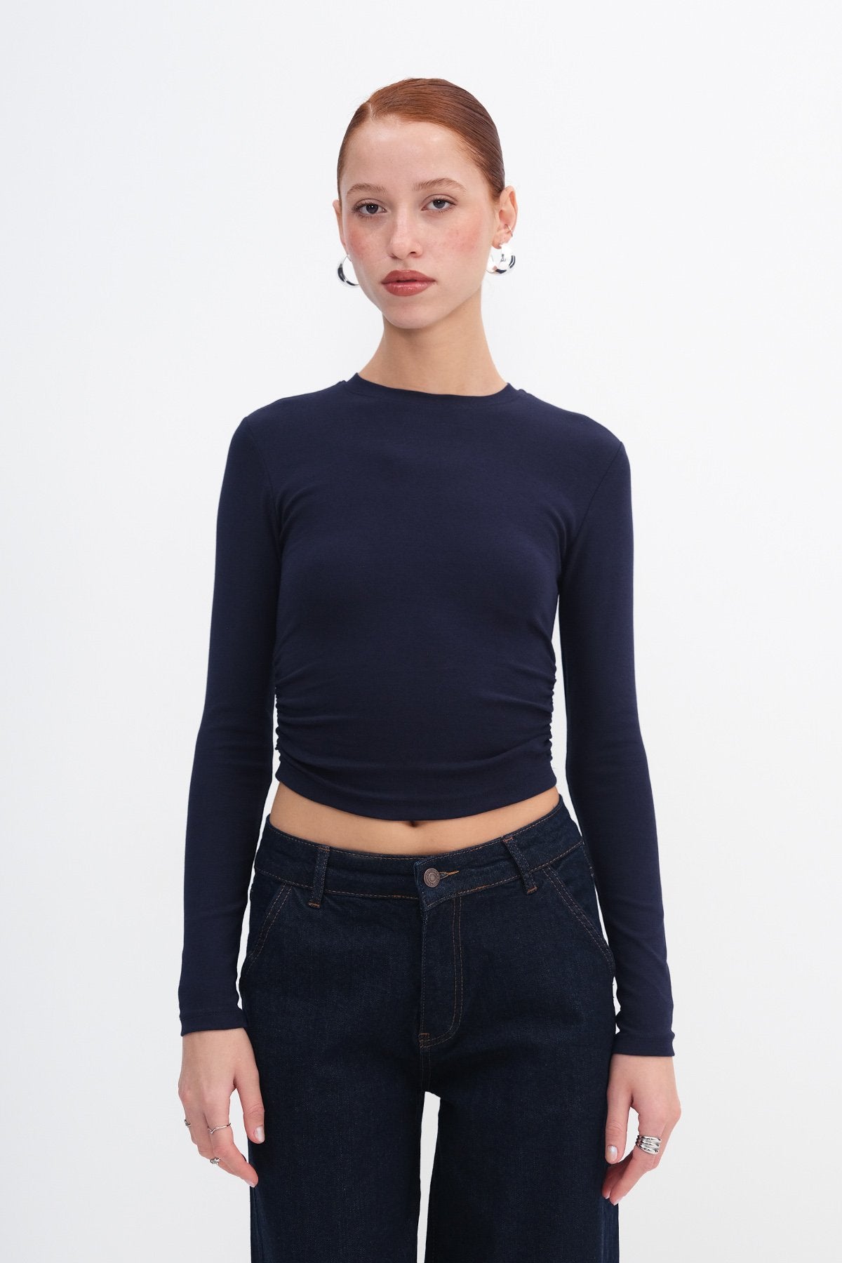 Night-Blue_Crew-Neck-Basic-Blouse-with-Gathered-Sides-addax