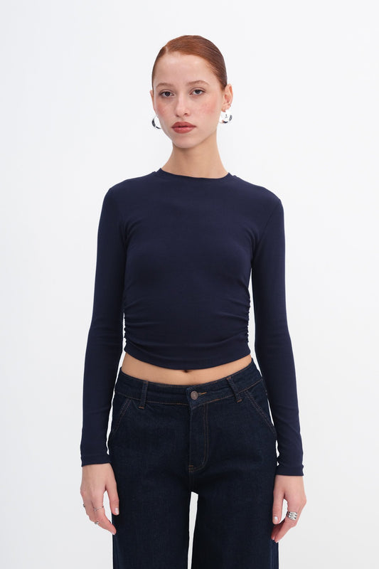 Night-Blue_Crew-Neck-Basic-Blouse-with-Gathered-Sides-addax