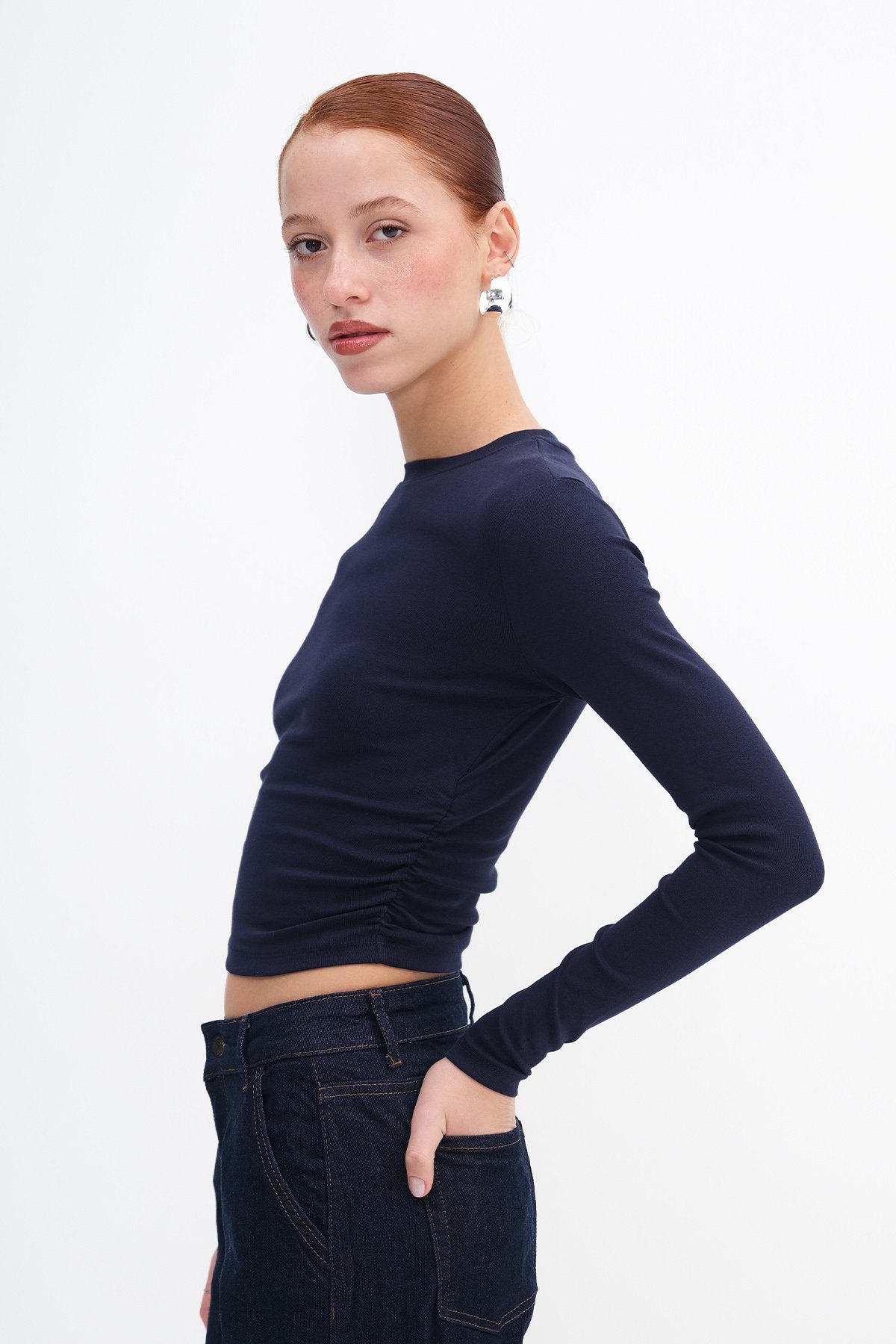 Night-Blue_Crew-Neck-Basic-Blouse-with-Gathered-Sides-addax
