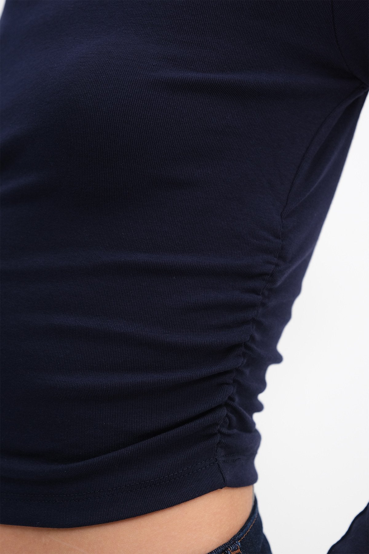 Night-Blue_Crew-Neck-Basic-Blouse-with-Gathered-Sides-addax