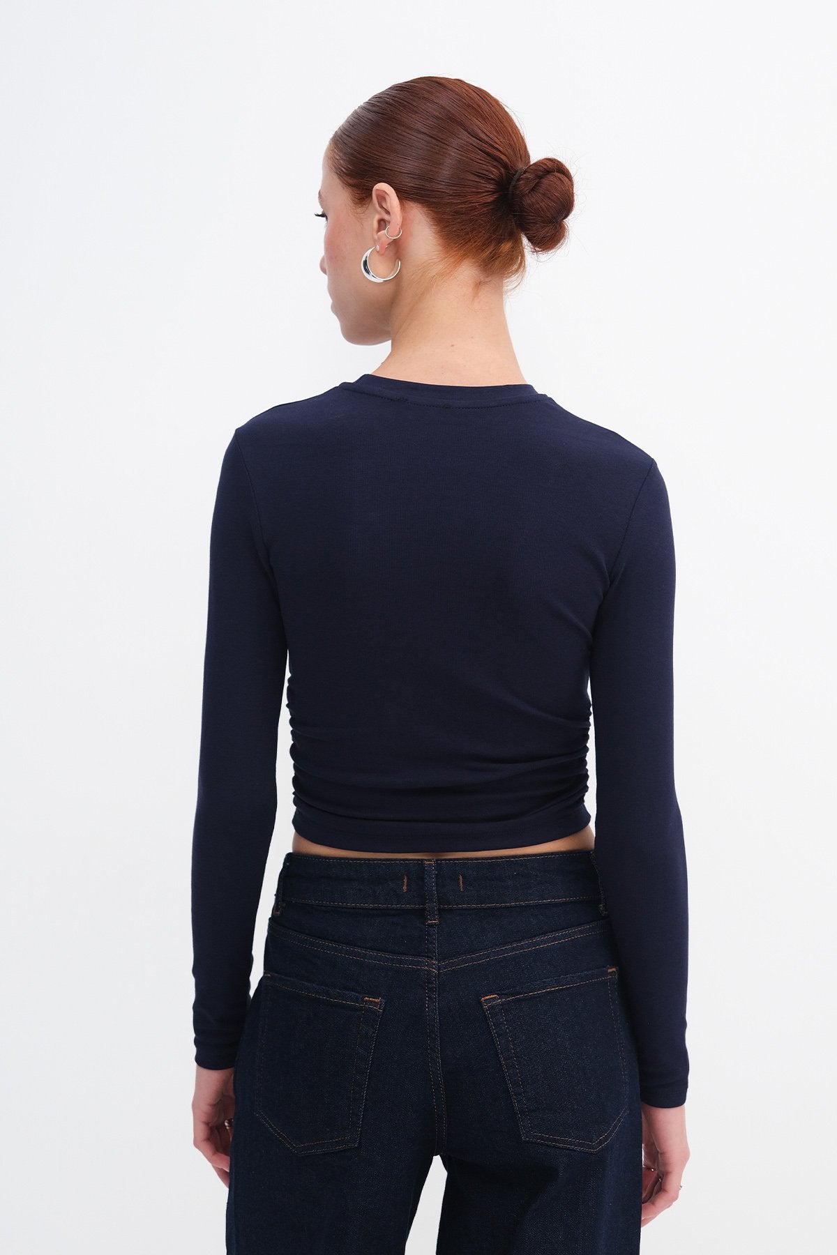 Night-Blue_Crew-Neck-Basic-Blouse-with-Gathered-Sides-addax