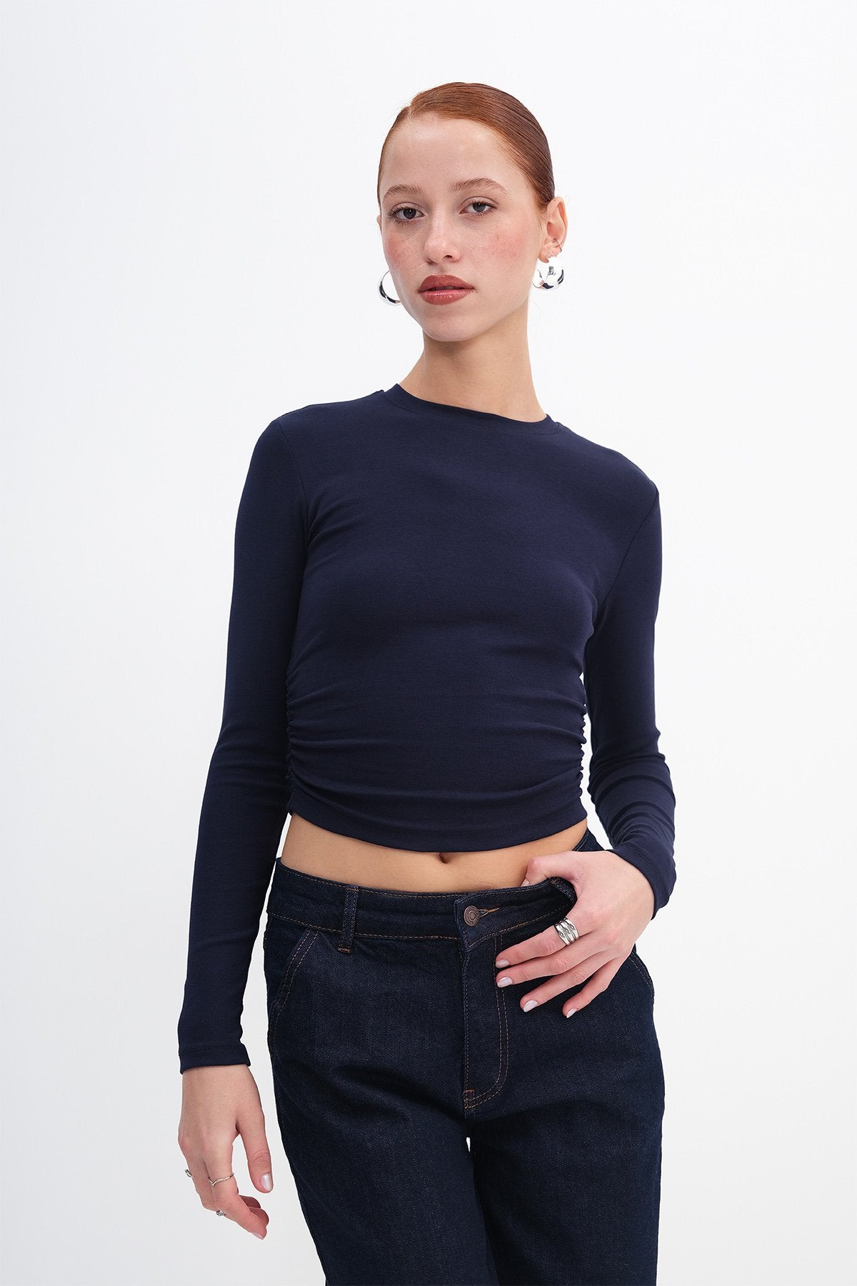Night-Blue_Crew-Neck-Basic-Blouse-with-Gathered-Sides-addax