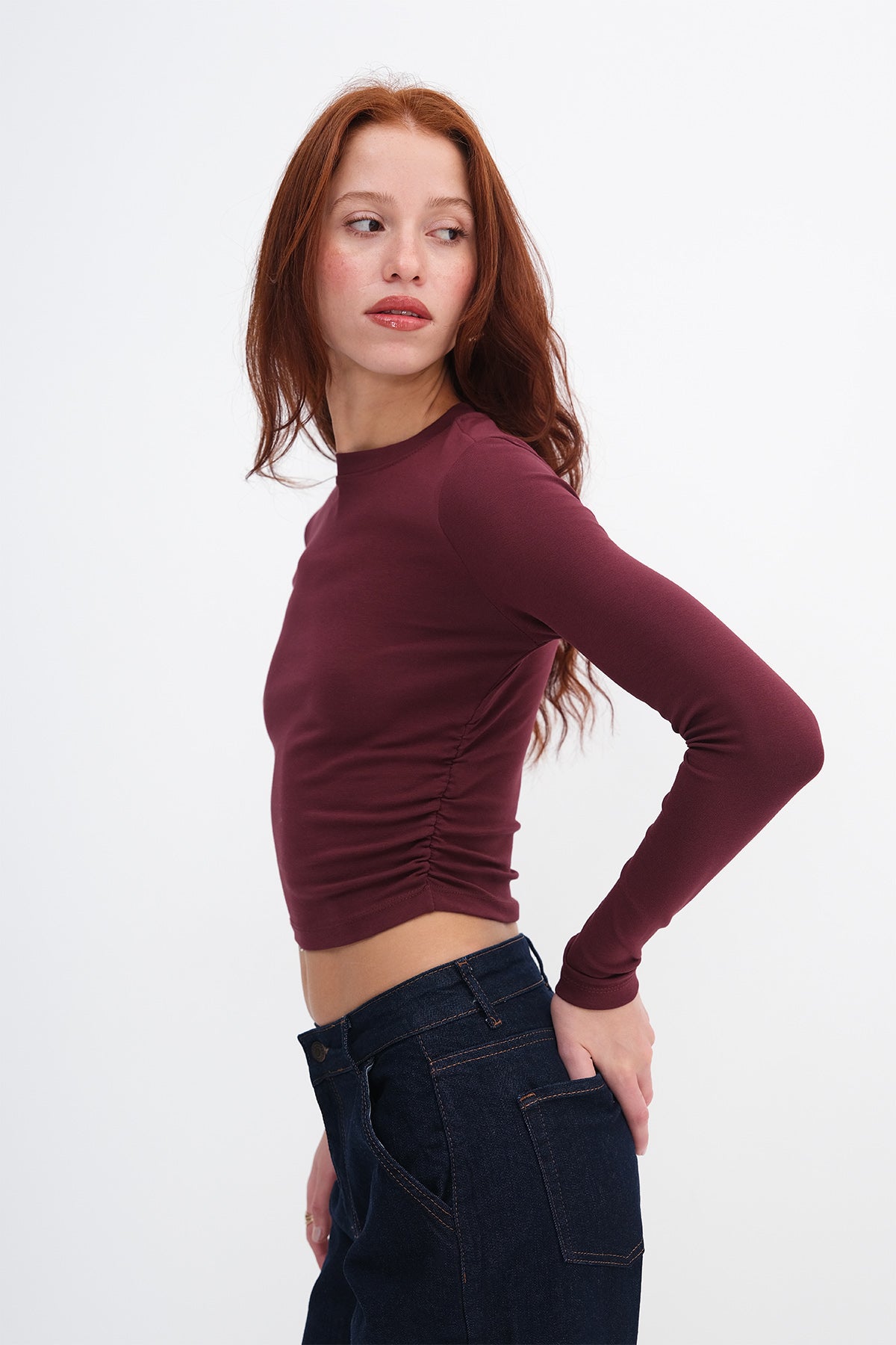Burgundy_Crew-Neck-Basic-Blouse- with-Gathered-Sides-addax
