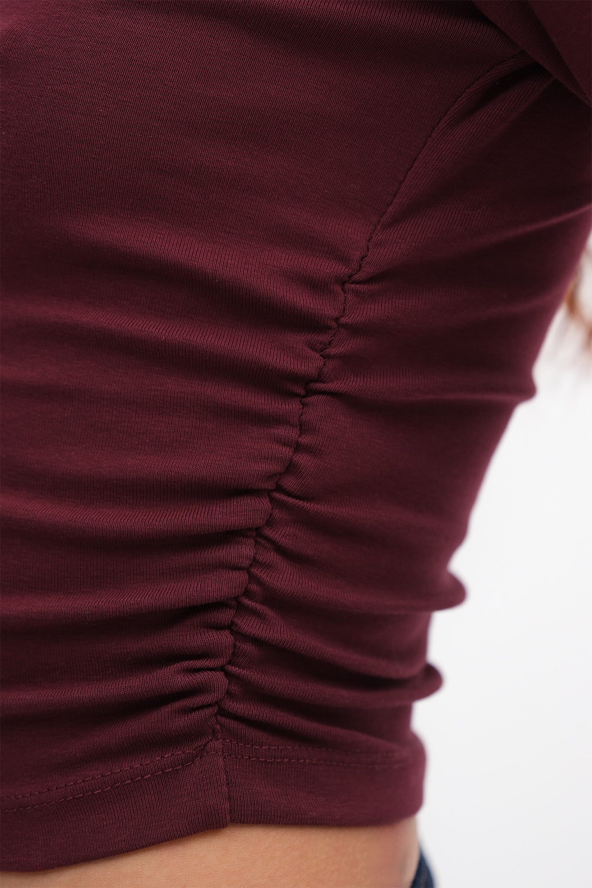 Burgundy_Crew-Neck-Basic-Blouse- with-Gathered-Sides-addax