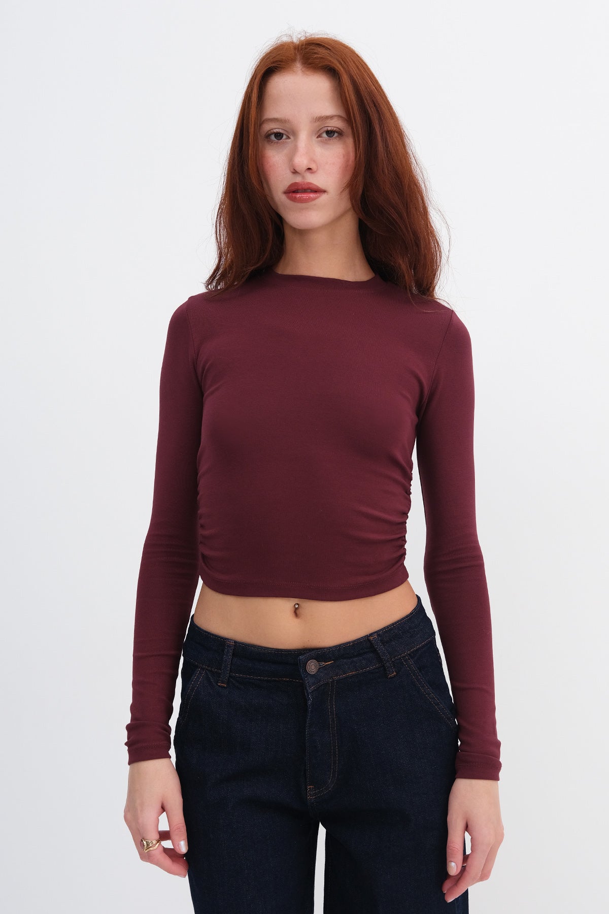 Burgundy_Crew-Neck-Basic-Blouse- with-Gathered-Sides-addax