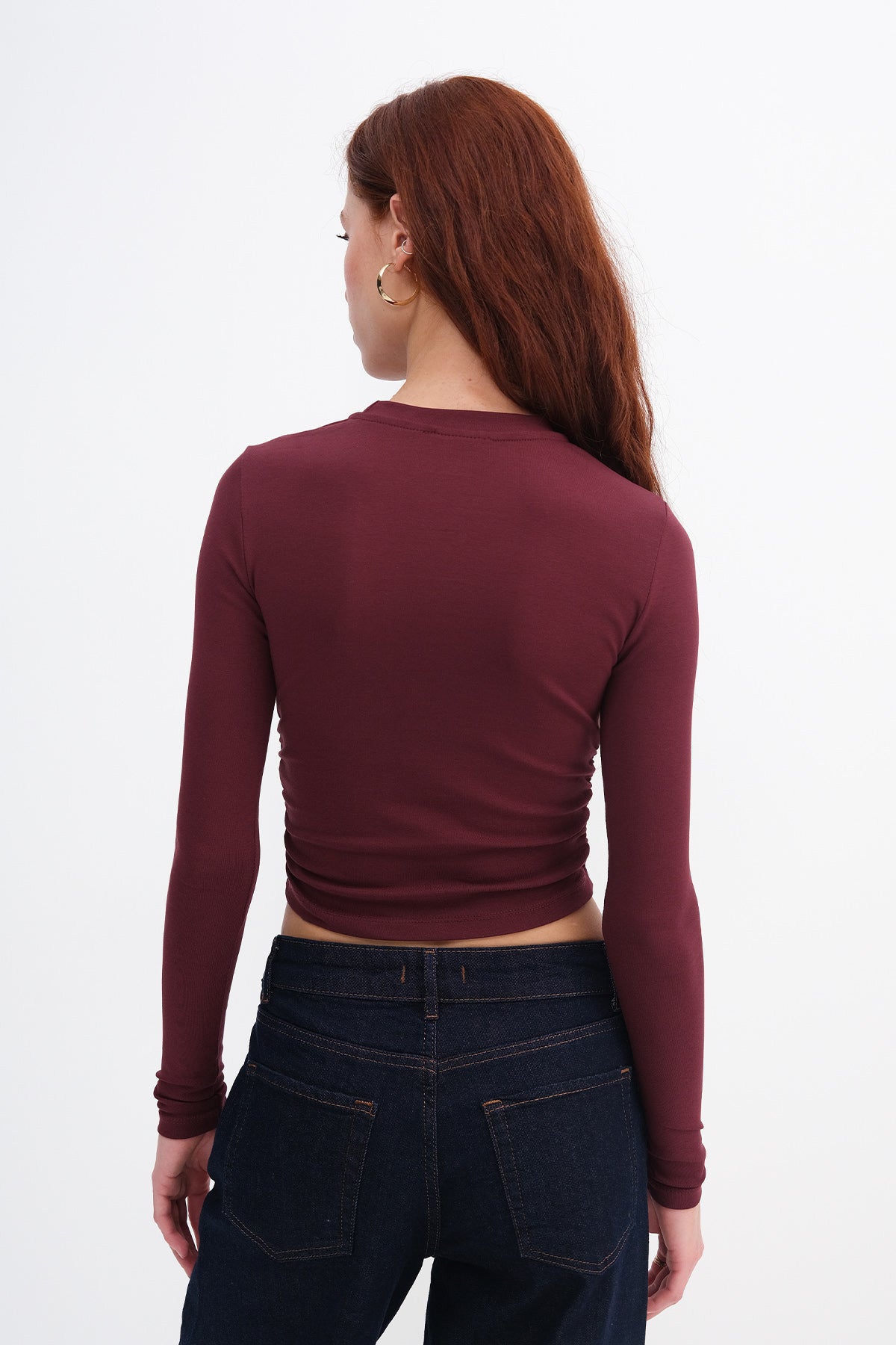 Burgundy_Crew-Neck-Basic-Blouse- with-Gathered-Sides-addax