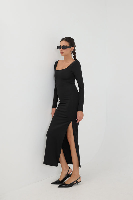 Black_Square-Neck-Slit-Long-Dress-addax