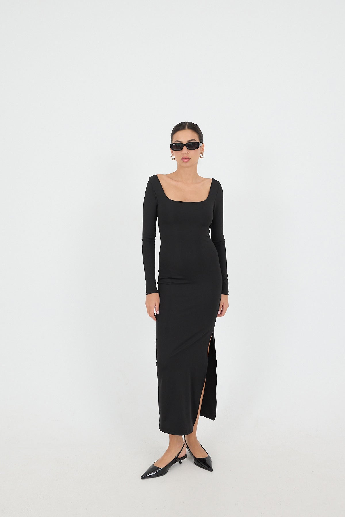 Black_Square-Neck-Slit-Long-Dress-addax
