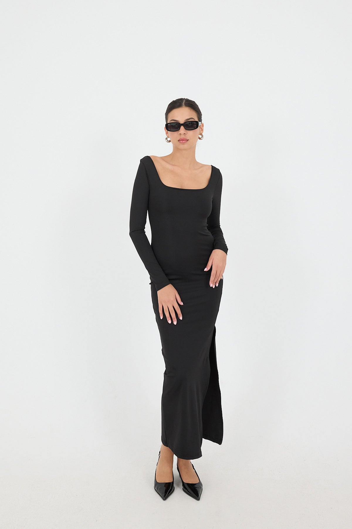 Black_Square-Neck-Slit-Long-Dress-addax