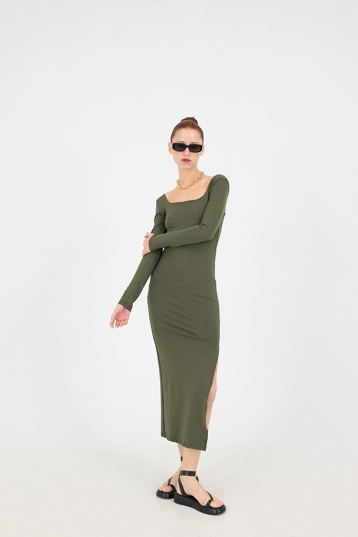 Khaki_Square-Neck-Slit-Long-Dress-addax
