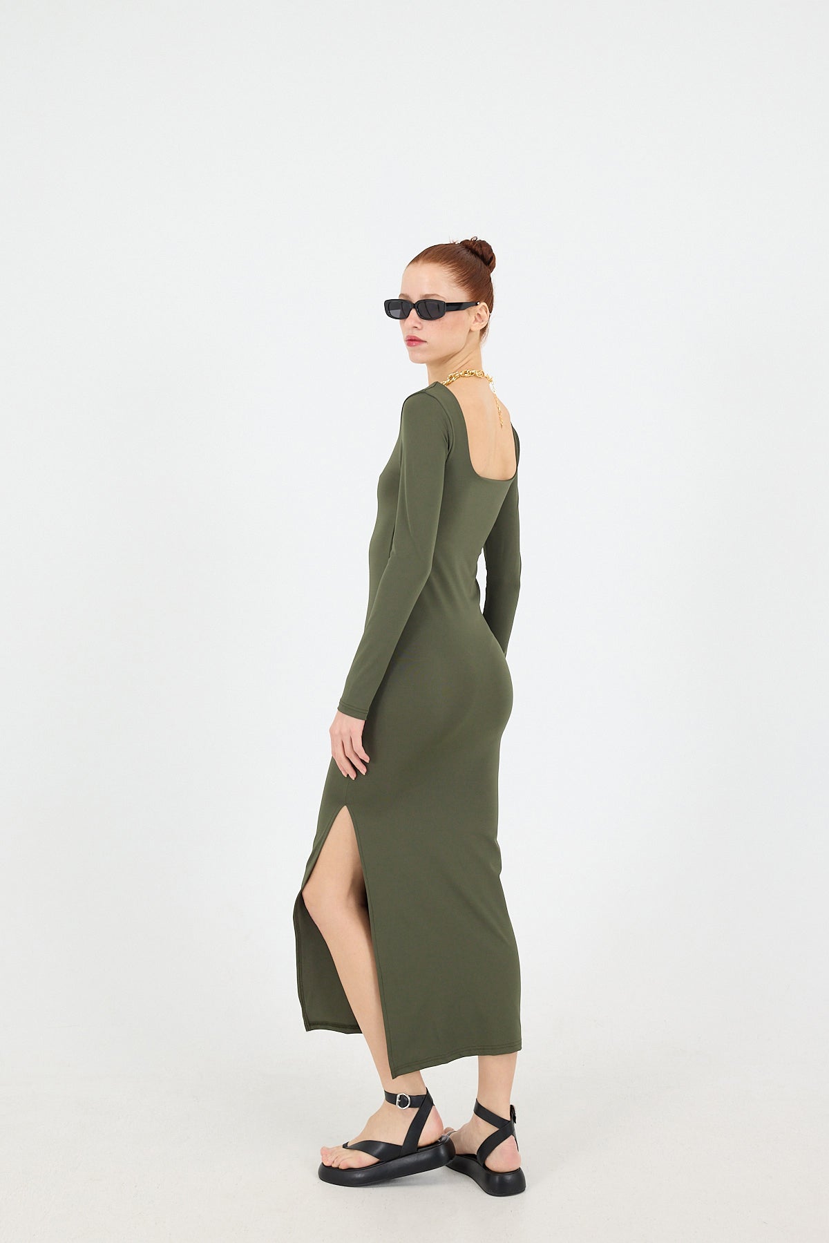 Khaki_Square-Neck-Slit-Long-Dress-addax
