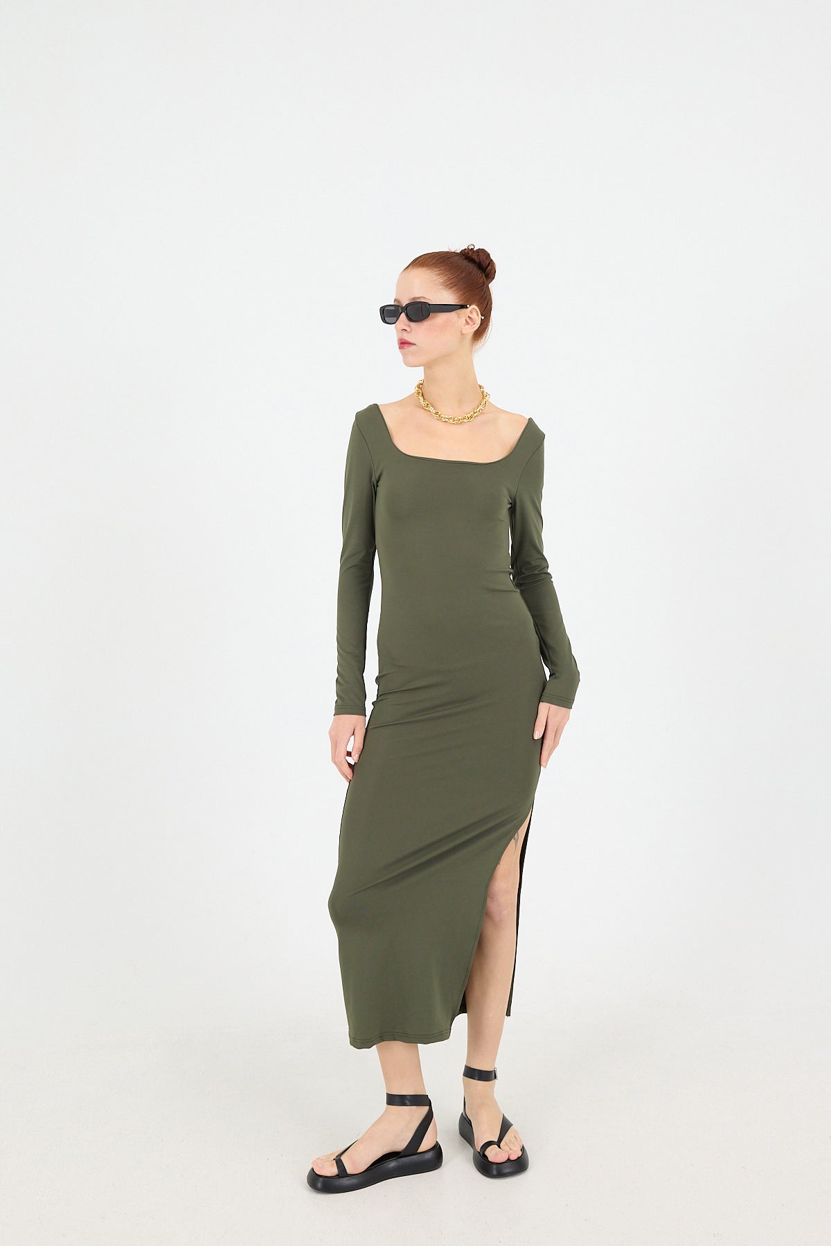 Khaki_Square-Neck-Slit-Long-Dress-addax