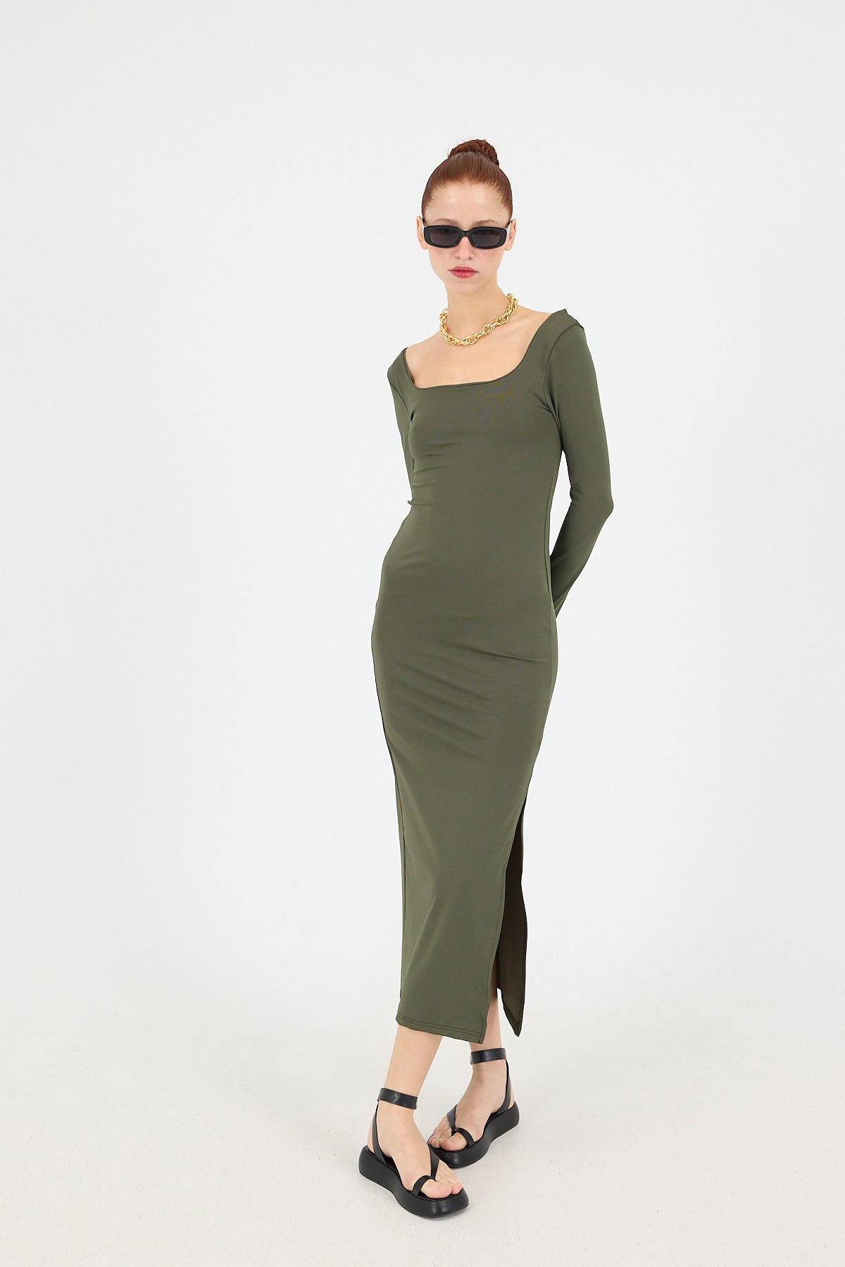 Khaki_Square-Neck-Slit-Long-Dress-addax